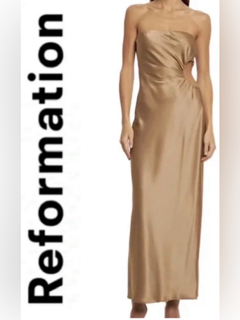 Reformation Neveah Satin Cutout Midi Dress in Chanterelle– Size Large